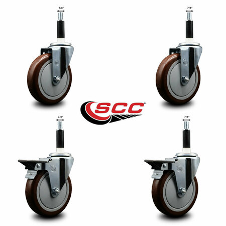 Service Caster 5'' Maroon Poly Wheel Swivel 7/8'' Expanding Stem Caster Set 2 Brakes, 4PK SCC-EX20S514-PPUB-MRN-2-PLB-2-78